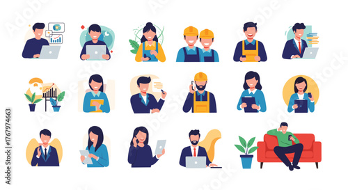 Diverse group of professional men and women performing various work-related tasks, showcasing modern business, technology, and industry roles.