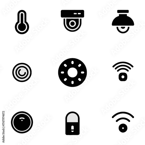 Set of black vector icons representing smart home devices and connectivity features including temperature, security cameras, lighting, Wi-Fi, locks, and sensors.