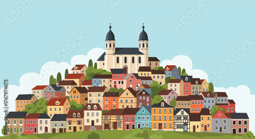 An idyllic illustration of a vibrant community with houses built on a sloped landscape, crowned by a large church.