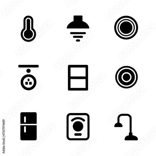 Collection of household and utility icons including temperature, lighting, power outlets, appliances, and fixtures