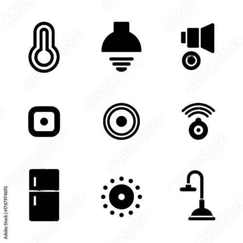 Set of smart home device icons including thermostat, light bulb, camera, speaker, door lock, sensor, refrigerator, sun, and faucet