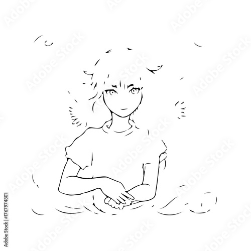 Serene girl emerges water minimalist artwork evoking contemplation and introspection drawing