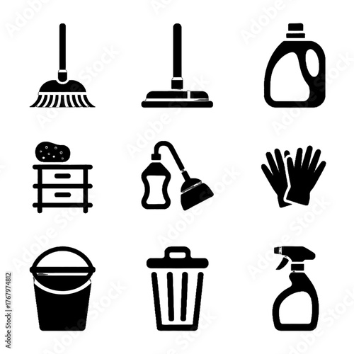 Set of cleaning tools and supplies icons including broom, mop, detergent, bucket, trash can, gloves, spray bottle, and vacuum cleaner