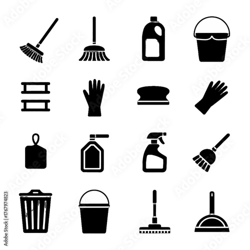 Collection of cleaning tools and supplies icons in black silhouette style