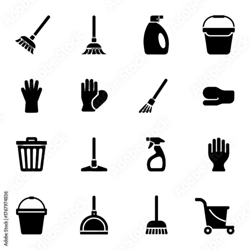 Set of cleaning tools and equipment icons including brooms, mop, bucket, gloves, spray bottle, dustpan, trash can, and cart