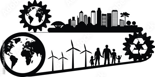 Sustainable city illustration, global recycling concept, wind energy transition, environmental awareness, family walking, urban development, eco-friendly future, black and white drawing