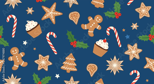 A delightful seamless pattern featuring an array of festive Christmas cookies, candy canes, cupcakes, and holly on a dark blue background.