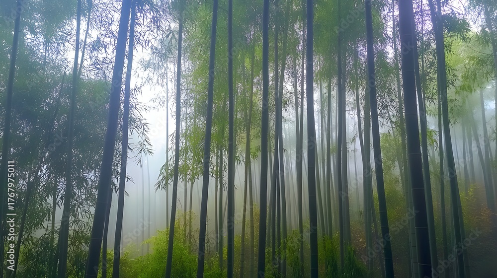 Fototapeta premium A bamboo forest with tall, slender green stalks rising vertically, captured in early morning mist 