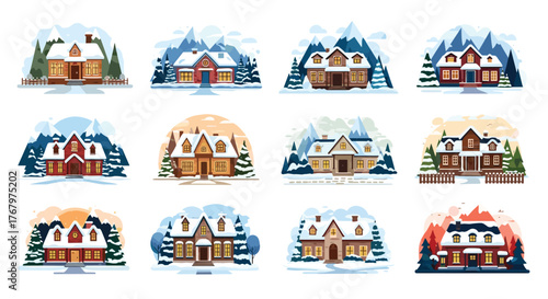 A collection of picturesque winter house illustrations set in snowy mountain and forest landscapes.