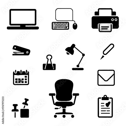 Collection of office and workspace icons including computer, printer, desk lamp, chair, calendar, and stationery items