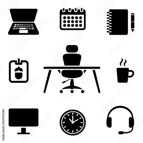 Collection of office and work-related icons including laptop, calendar, notebook, desk chair, coffee cup, monitor, clock, and headset