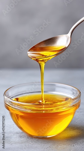 Close Up Still Life Of Golden Cooking Oil Being Poured From A Spoon Into A Clear Glass Bowl With A Textured Gray Background