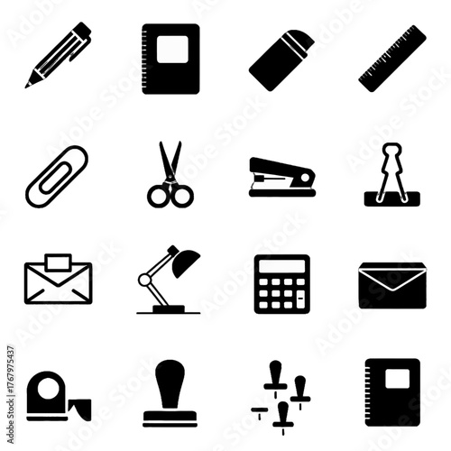 Collection of black and white office and school supply icons including pens, notebooks, scissors, staplers, and calculators