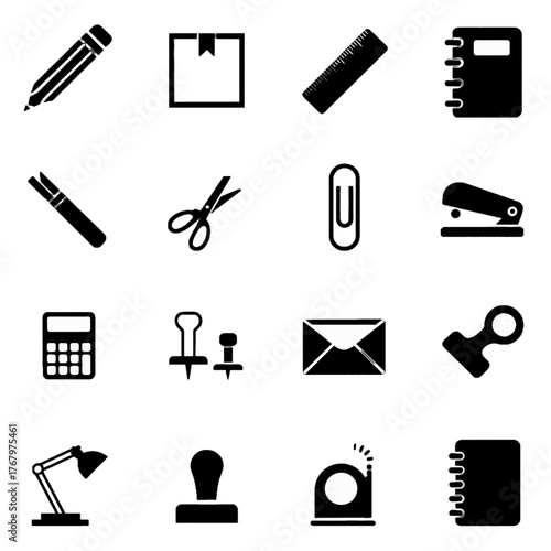 Collection of office and stationery icons including pencil, ruler, scissors, calculator, stapler, and notebook