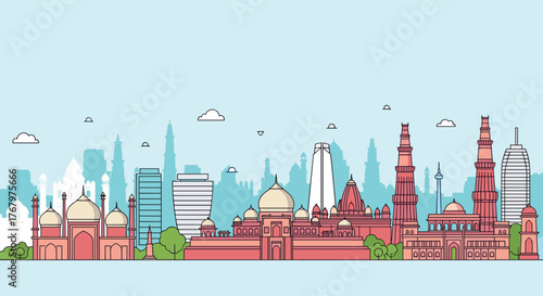 A vibrant vector illustration depicting the iconic skyline of Delhi, India, showcasing its blend of historical monuments and modern architectural structures.
