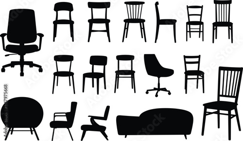 Chair silhouette collection, seating furniture vector, black and white design, office lounge dining styles, ergonomic comparison set, interior design element