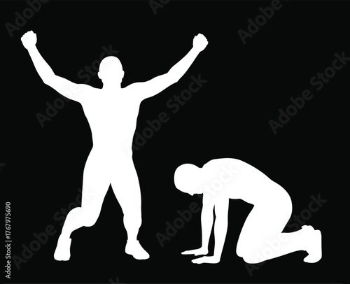 Victory and defeat silhouette illustration, contrasting human posture vector, black and white design, emotional gesture art, success versus struggle concept