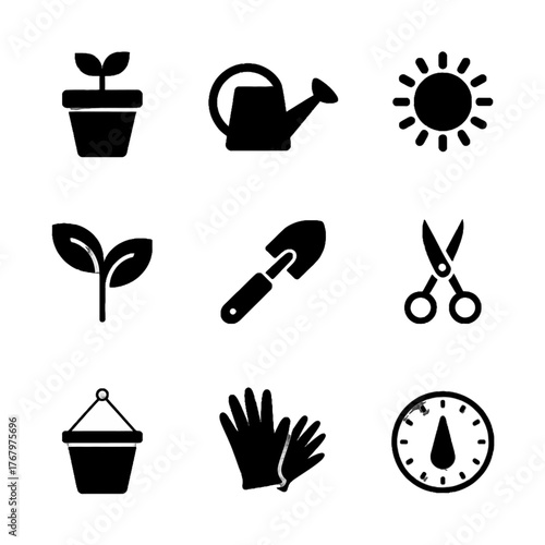 Set of gardening icons including potted plant, watering can, sun, seedling, trowel, scissors, bucket, gloves, and clock