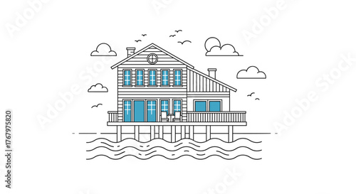 An elegant line art depiction of a house on stilts above water, featuring a spacious deck, multiple windows, and tranquil natural surroundings.