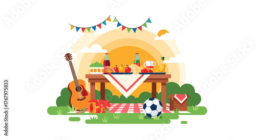 A vibrant outdoor picnic scene with a table full of food and drinks, a guitar, soccer ball, and picnic basket under a sunny sky.