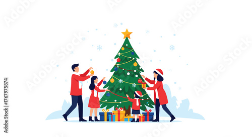 Festive family gathers to decorate a beautiful Christmas tree, surrounded by wrapped presents, celebrating the holiday season.