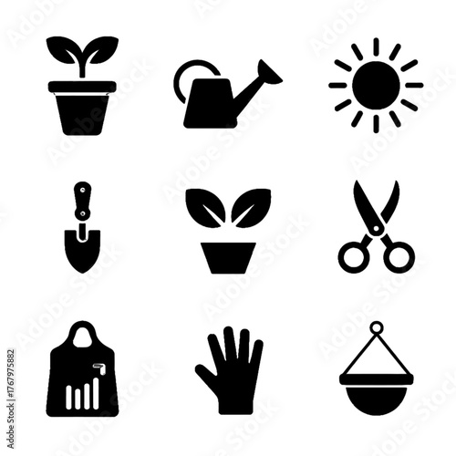 Set of gardening icons including potted plant, watering can, sun, shovel, scissors, apron, gloves, and hanging basket