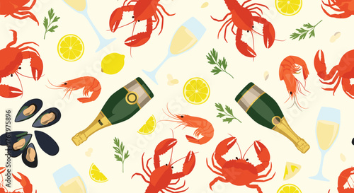 Elegant seamless pattern featuring fresh lobsters, crabs, shrimp, mussels, champagne, and lemons, ideal for gourmet dining and festive occasions.