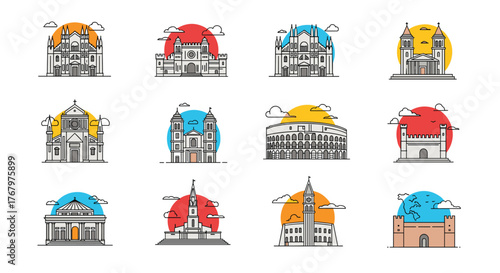 Minimalist line art vector icons of famous world landmarks and historical architecture.