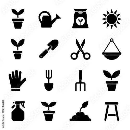 Set of gardening icons including tools, plants, and equipment in black silhouette style
