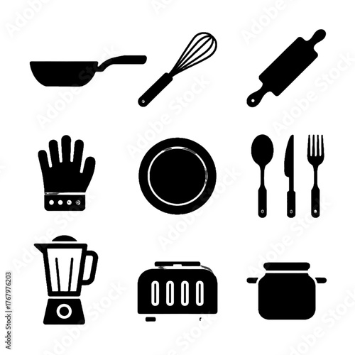 Collection of kitchen utensils and appliances in black silhouette icons