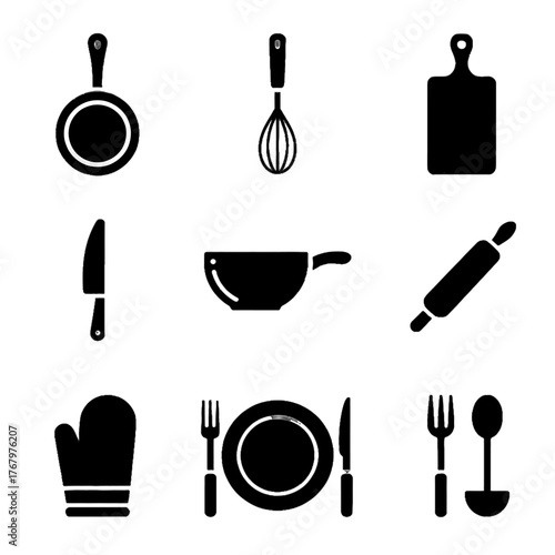 Set of black silhouette icons representing kitchen utensils and cookware including pan, whisk, cutting board, knife, pot, rolling pin, oven mitt, plate with cutlery, and fork and spoon.