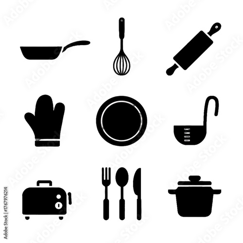Collection of kitchen utensils and cookware icons in black silhouette style