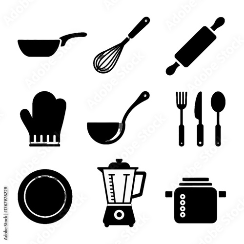 Set of kitchen utensils and cookware icons in black silhouette style