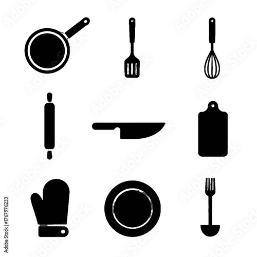 Collection of black silhouette icons representing common kitchen utensils and tools including a pan, spatula, whisk, rolling pin, knife, cutting board, oven mitt, plate, and fork.