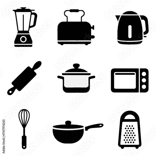 Collection of kitchen appliance and cooking utensil icons in black silhouette style