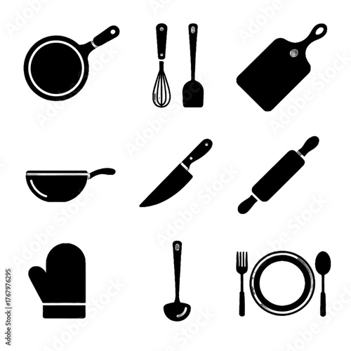 Set of kitchen utensil icons including pan, knife, rolling pin, spoon, fork, plate, and oven mitt