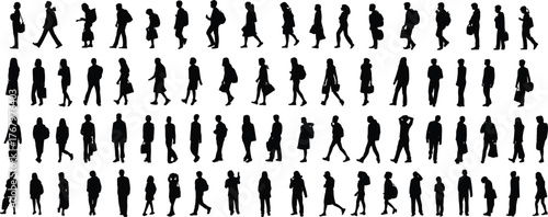 Walking silhouette people set, black human motion icons, pedestrian posture variations, urban movement illustration, side and front views, vector design