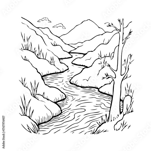 Serene river valley illustration amidst mountain ranges, featuring solitary tree and grassy