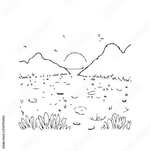 Simple hand-drawn sketch showing a vast desert landscape with mountains and rising sun conveying