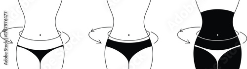 Waist transformation illustration, hip shaping concept, female torso diagram, body contouring, slimming motion, fitness visual, shapewear effect, anatomy, health, exercise