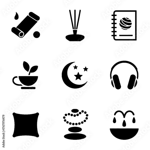 Collection of black silhouette icons representing wellness and relaxation items including incense, tea, headphones, moon, pillow, and essential oil diffuser