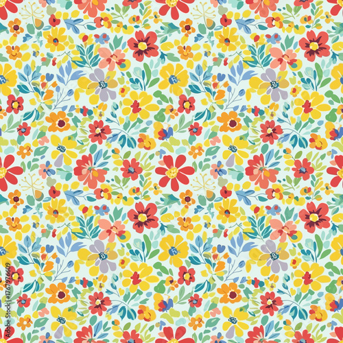 Vibrant Floral Pattern with Yellow Red and Orange Flowers. EPS Editable