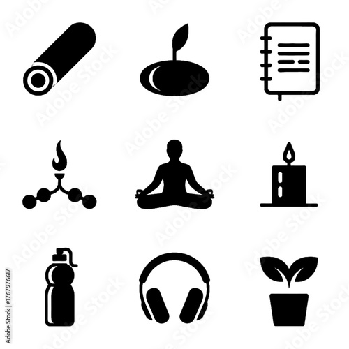 Set of icons representing wellness, mindfulness, and healthy lifestyle activities including yoga, meditation, water bottle, headphones, plant, journal, candle, and essential oil.