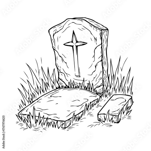 Sketch of a tombstone with grass evokes remembrance contemplation and honoring the deceased ones