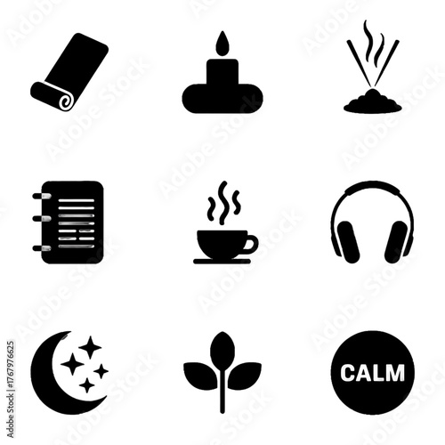 Set of black silhouette icons representing mindfulness, relaxation, and wellness activities including yoga mat, candle, incense, journal, tea, headphones, moon, leaf, and calm text.