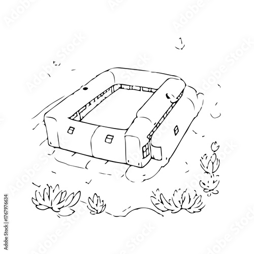 Sketch of an inflatable pool amidst nature highlighting summer leisure and outdoor recreational