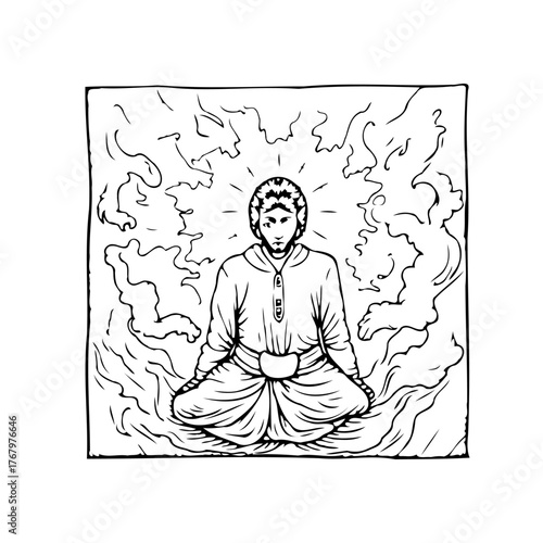 Sketch of person meditating surrounded by ethereal energy waves representing inner harmony balance