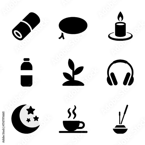 Set of black silhouette icons representing wellness and relaxation activities including yoga mat, meditation, candle, water bottle, plant, headphones, moon with stars, coffee cup, and incense.