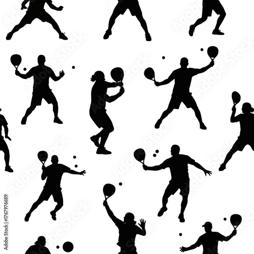 Seamless Pattern of Black Silhouettes of Tennis Players. EPS Editable