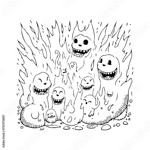 Spooky specters gathering around a fiery inferno hand-drawn with cartoonish delight and malevolent